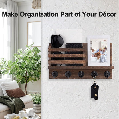 Lwenki Key Holder for Wall – Decorative Wooden Mail Holder and Key Shelf with Mounting Hardware, Installation Guide – Paulownia Wood with Metal Key Hooks (Black, Large - 11.8inch)