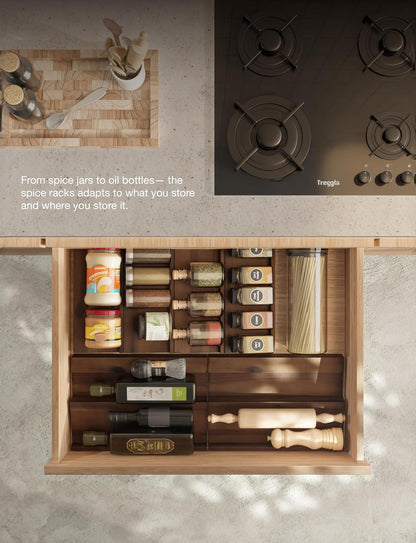 Tinamo Acacia Wood 4-Tier Spice Rack Organizer for Cabinet, Pack of 8 Pcs | Solid Acacia Wood Construction, No assembly, Stackable 4-tray design, Spacious for up to 64pcs 4oz Jars, Easy to Clean