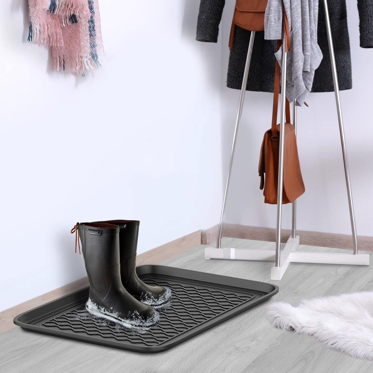 Stalwart All-Weather Outdoor or Indoor Boot Tray, Black | Weather-Resistant Hard Plastic Shoe Mat with Raised Edge for Deck, Patio, or Entryway Decor