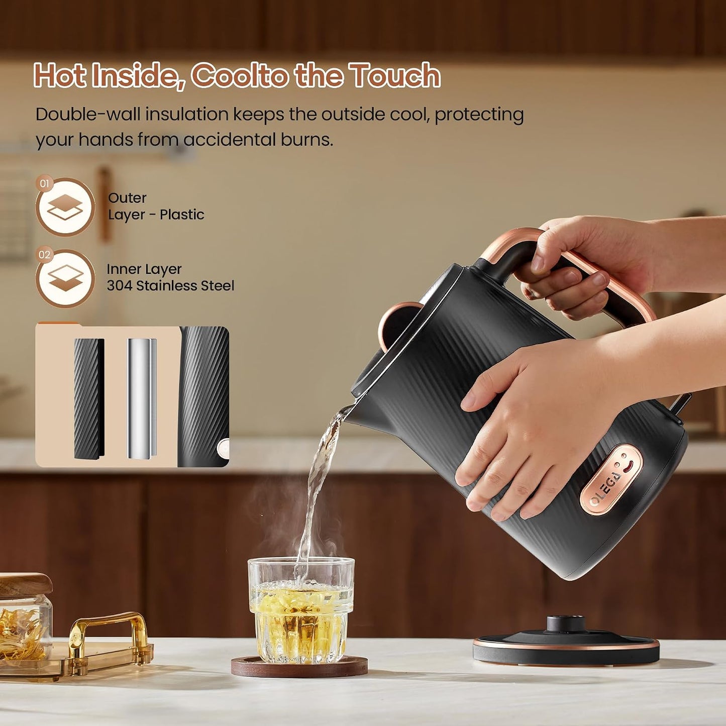 OLEGA Electric Tea Kettle: 1200W Fast Boil Electric Water Kettles 1.5L | Stainless Steel Kettle; Large Electric Water Kettle; Plastic Free Teapot; Auto Shut-Off Water Boiler; Fast Boil Kettles