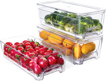 Imncya 4 Pack Fridge Organizer Drawers Bins, Clear Stackable Pull Out Refrigerator Drawer Organizer, Fridge Storage Container with Lids for Fruits, Vegetables, Drinks and Food