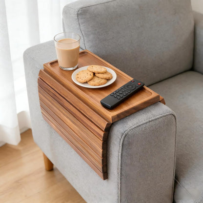 Acacia Wood Couch Armrest Table, Couch Arm Tray, Foldable Anti-Slip Wood Couch Tray, Sofa Cup Holder for Drink Snacks Remote Control