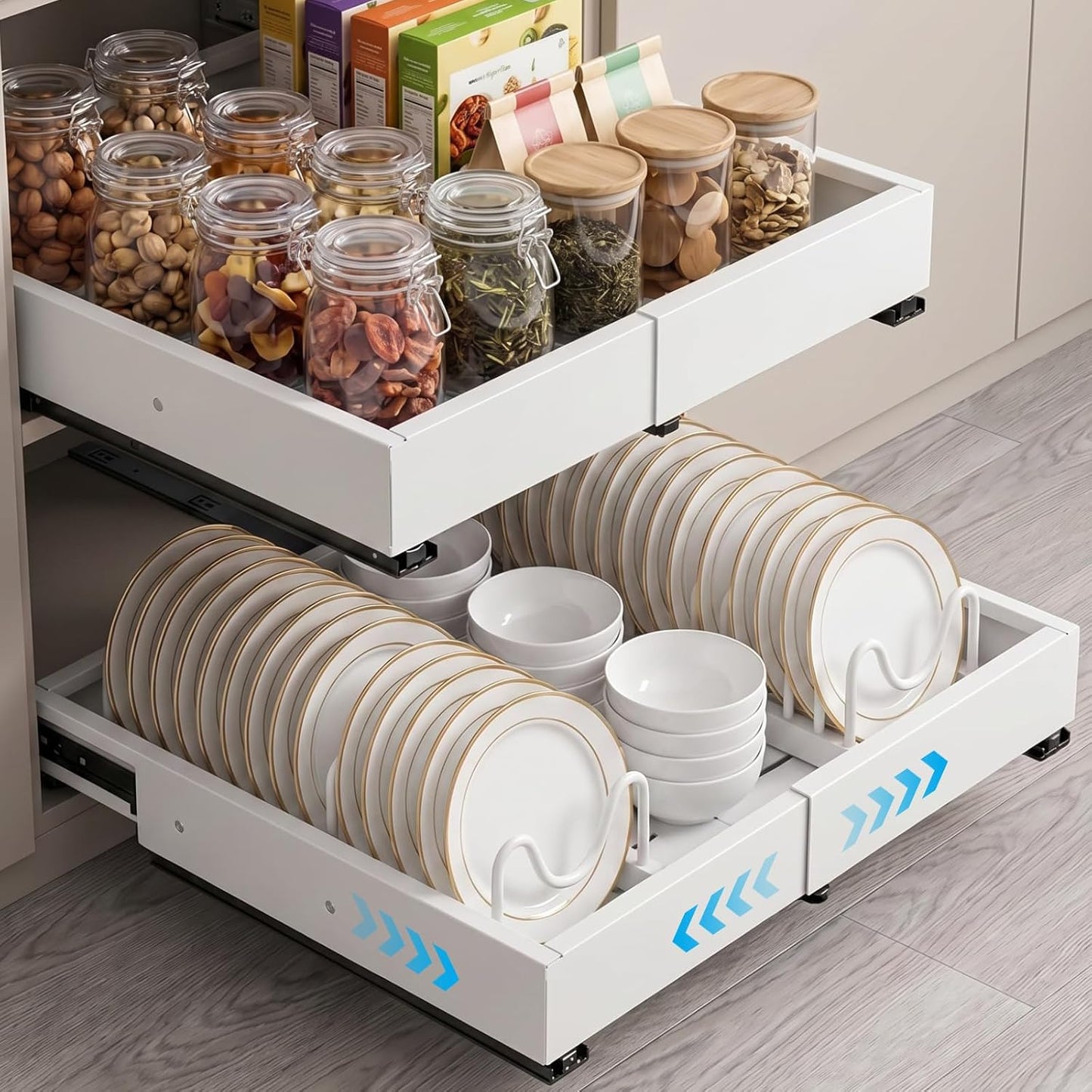 DOMNIU Pull Out Cabinet Organizers Expandable,White,16.9"Depth,2 Pack | Slide Out Drawers for Kitchen, Bathroom, Pantry, Under Sink Storage, Fixed with Adhesive Nano Film (11.6''-17.5'')