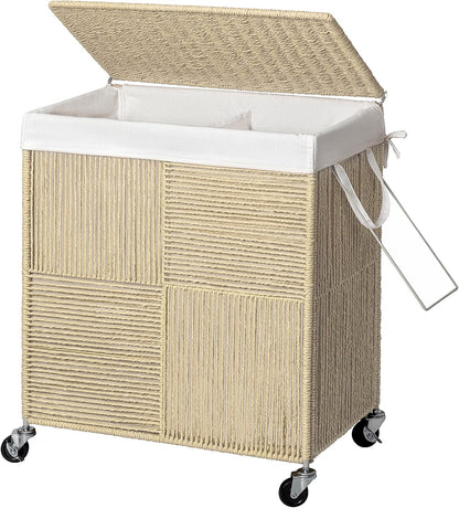 WOWLIVE Double Laundry Hamper with Wheels, Handwoven Rolling Laundry Basket | 115L Dirty Clothes Hamper with Lid, Removable Liner Bag, Large Capacity Laundry Sorter Laundry Room Organization, Green