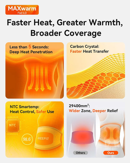 IKEEPFIT Portable Heating Pad for Back, Cordless Wearable Heat Belt with Massager for Lower Back Pain Relief, Battery Powered 8000 mAh Rechargeable, MAXwarm® 3.0, Gift for Women Men 90-310 lbs