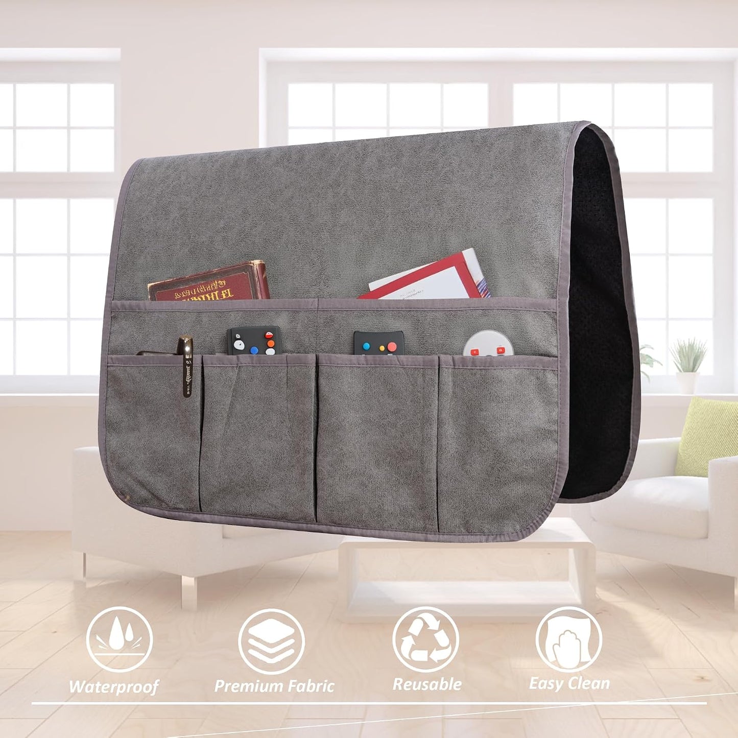 Armchair Caddy for Couch Remote Control Holder with 4 Pockets, Grey 1 Pack | Non-slip, Waterproof, Sofa Armset Organizer, Couch Chair Armrest Storage for TV Remote Control Phone Book Magazine 35"x13"