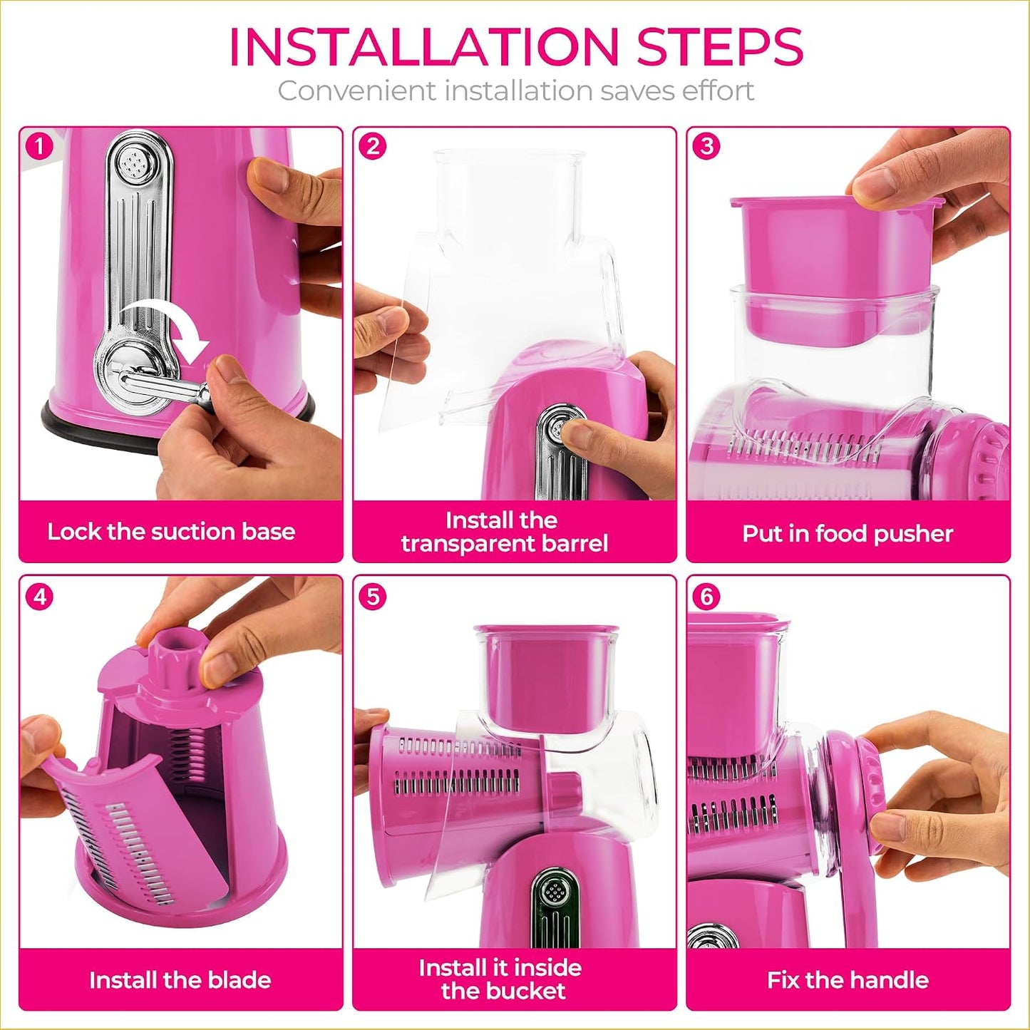SUSTEAS Rotary Cheese Grater 5 Blades,Kitchen Mandoline Vegetable Slicer | White, Easy to Clean, Strong Suction Base, 5 Blades Storage Box, Round Mandoline Slicer & Food Chopper for Salad