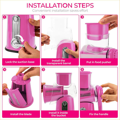 SUSTEAS Rotary Cheese Grater 5 Blades,Kitchen Mandoline Vegetable Slicer | White, Easy to Clean, Strong Suction Base, 5 Blades Storage Box, Round Mandoline Slicer & Food Chopper for Salad