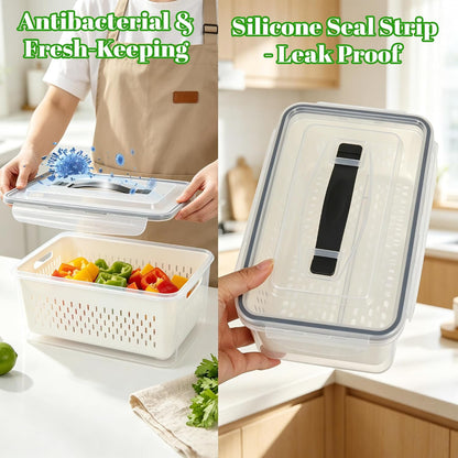 KUK 4 Pack Fruit Storage Containers for Fridge, Leakproof Food Containers with Removable Colander, Fruit Containers for Fridge BPA Free Produce Containers Keep Vegetables Berry Meat Fresh Longer