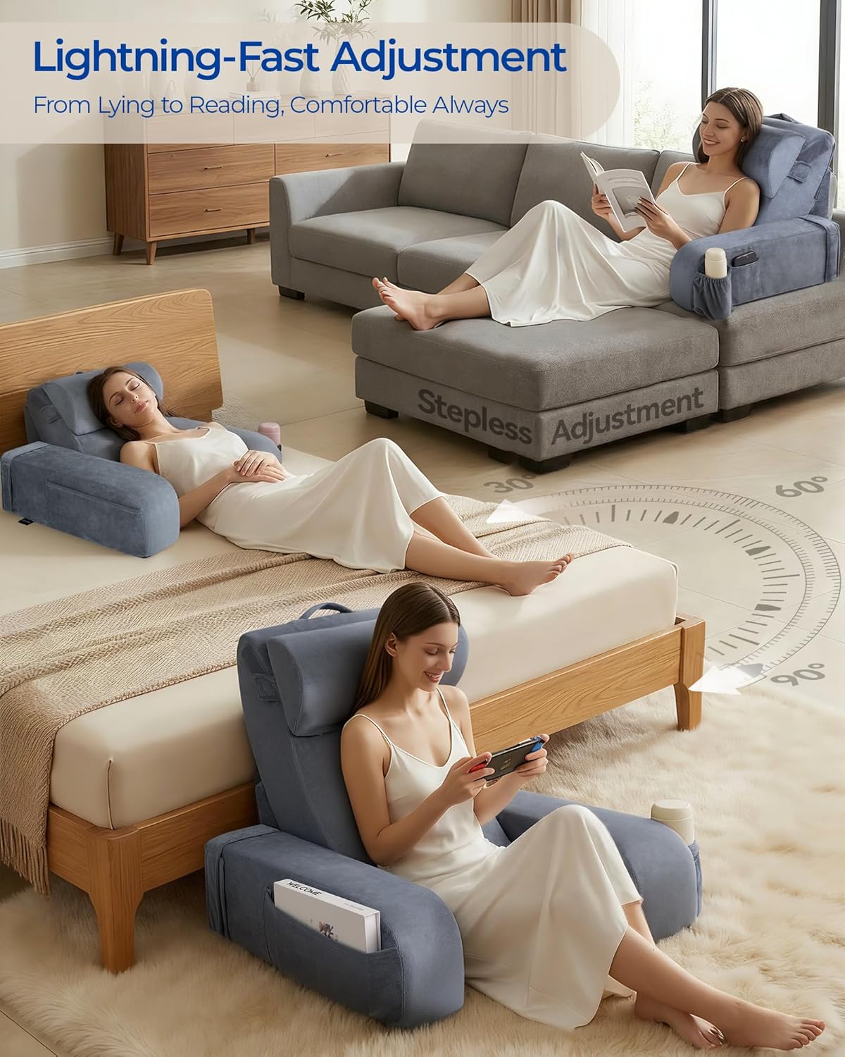 Kayfia Reading Pillow, 30-90° Stepless Adjust Angle & Height, Large, Grey | 2 in 1 Back Wedge Pillow for Bed Sitting up, Adjustable Headrest, Backrest Pillow for Reading/Gaming/Working in Bed or Couch