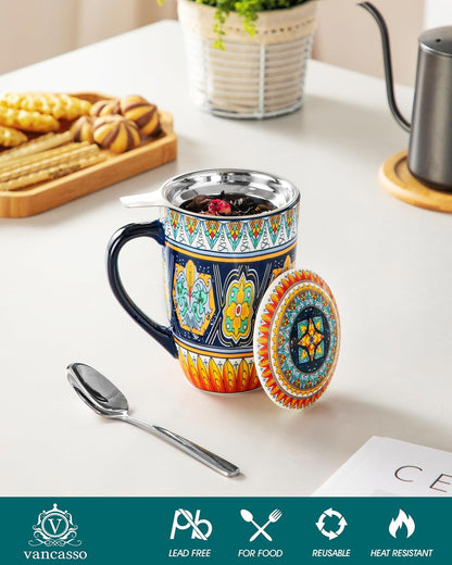 vancasso 18 Oz Tea Infuser Mug with Lid, Mint Petal Whirl | Eye catching Bohemian pattern, adds charm to any tea corner, ceramic mug with infuser, microwave and dishwasher safe