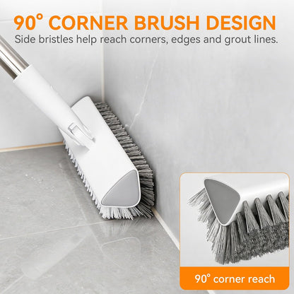 Scrub Brush with Long Handle, Extends to 55 in, Pivoting Triangle Head | Dual-direction stiff bristles work on push and pull strokes for bathtub, shower, tile, grout, patio and concrete