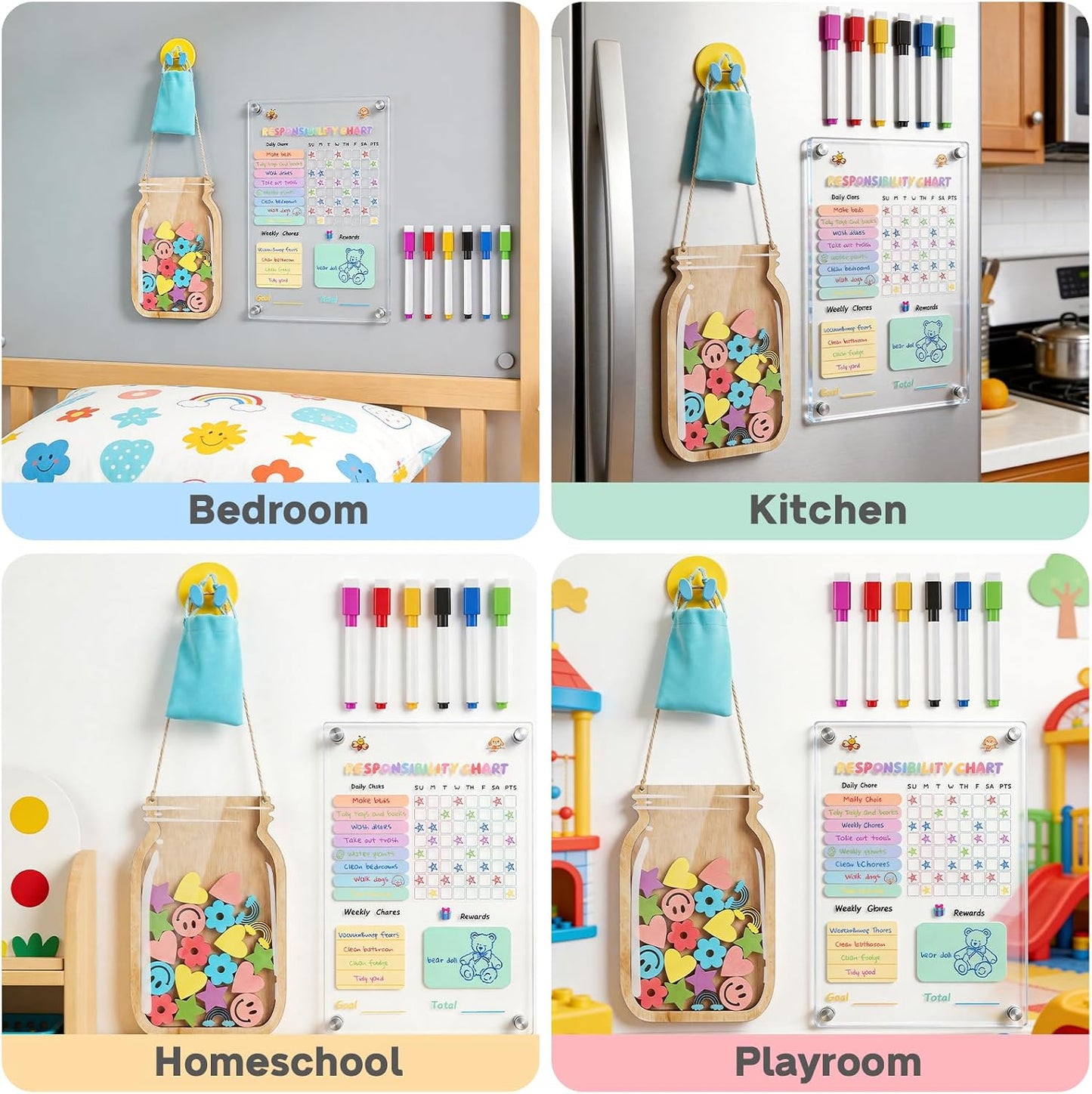 Acrylic Magnetic Chore Board for Kids | Dry Erase Fridge Calendar & Star Reward Jar, Visual Schedule, Potty Training Tracker with Wooden Stars, Markers & Stickers