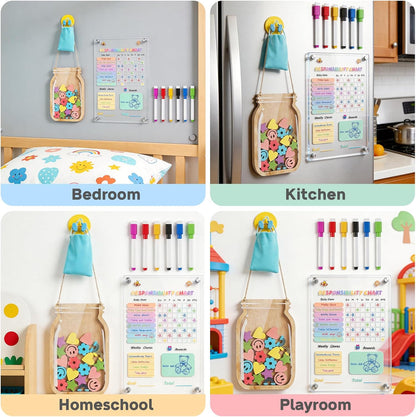 Acrylic Magnetic Chore Board for Kids | Dry Erase Fridge Calendar & Star Reward Jar, Visual Schedule, Potty Training Tracker with Wooden Stars, Markers & Stickers