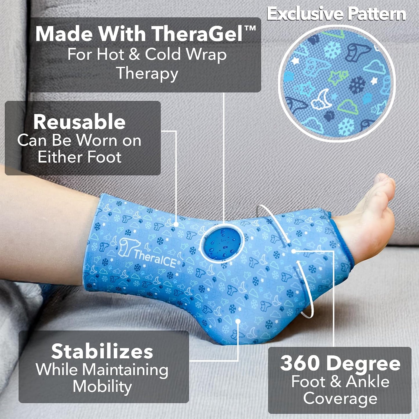 TheraICE Ankle Ice Pack Wrap, Achilles Tendonitis Brace, Plantar Fasciitis | Cold Therapy Compression Sleeve, Sock-Style Slip-On Fit for Women and Men, Eases Sprains, Swelling, Sore Feet and Heel