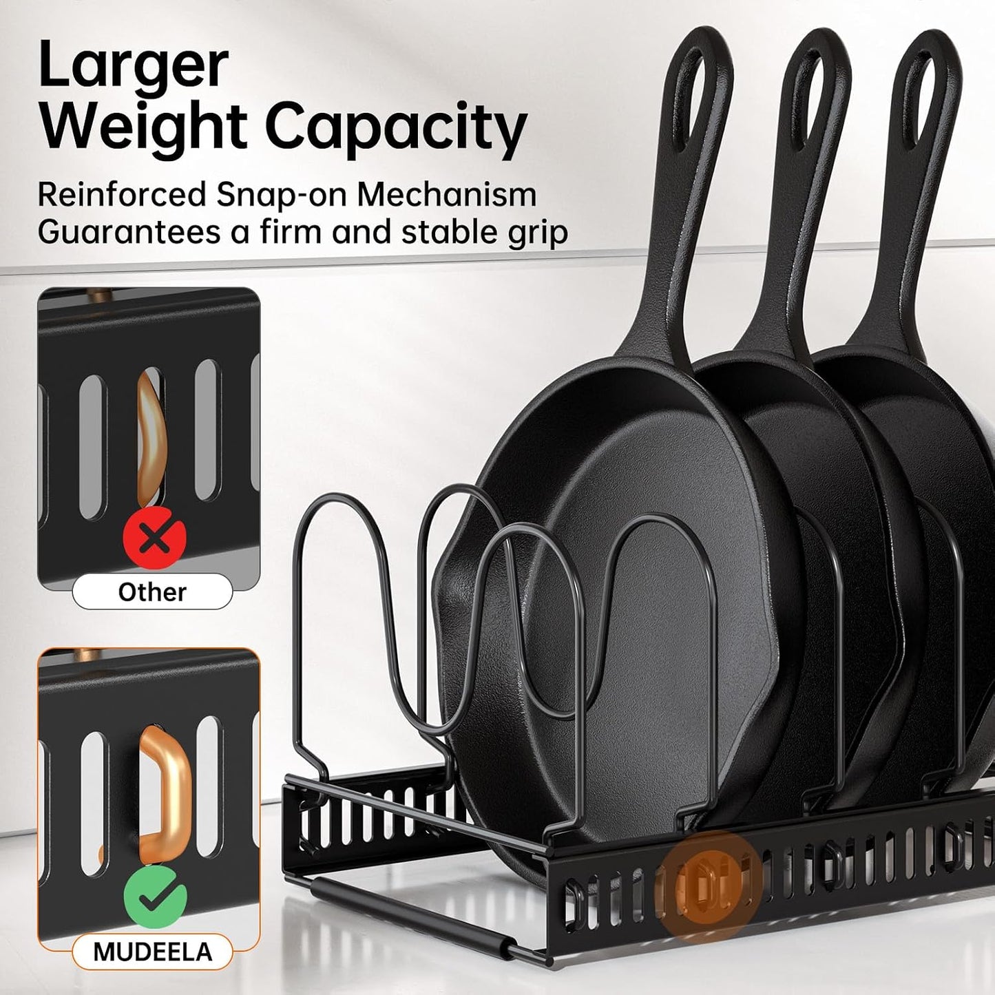 MUDEELA Expandable Pot Pan Lid Organizers inside Cabinet, 10 Divider-Black | Expandable 11.8–22.9", 10 Adjustable Divider, Tool-Free Assembly, Non-Slip, Scratch-Proof, For Pan Lid Cutting Board Bakeware
