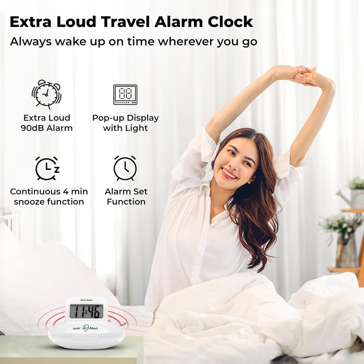 Sonic Alert Digital Alarm Clock - Travel Alarm Clock for Heavy Sleepers - Bed Shaker Alarm Clock - Vibrating Alarm Clock Under Pillow - Battery Operated – White