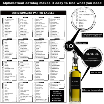 288 Pantry Labels for Food Containers, Black Preprinted Minimalist Waterproof Stickers for Organizing Storage Bins, Jars and Kitchen