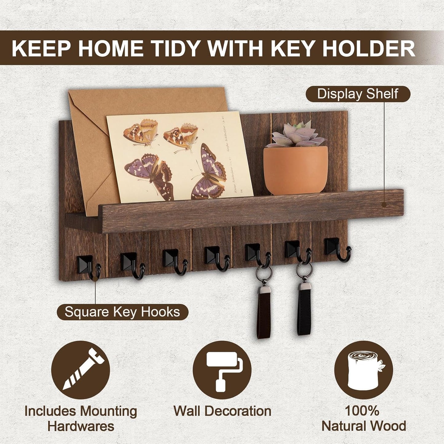 Key Holder for Wall, Decorative Key Holder with Shelf | Key and Mail Holder Wall Mount, Farmhouse Decor with 5 Key Hooks for Keys, Coats, ect.