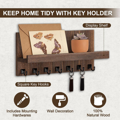 Key Holder for Wall, Decorative Key Holder with Shelf | Key and Mail Holder Wall Mount, Farmhouse Decor with 5 Key Hooks for Keys, Coats, ect.