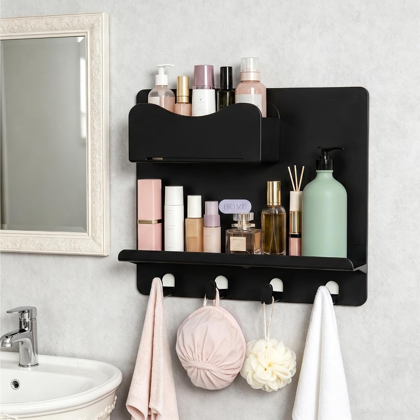 Bedside Shelf Wall Mount, Adhesive Bedside Shelf Accessories Organizer with Hooks and Cable Clips,Dorm Bedside Wall Storage for Phone, Remote, Earphone,Plastic (White)