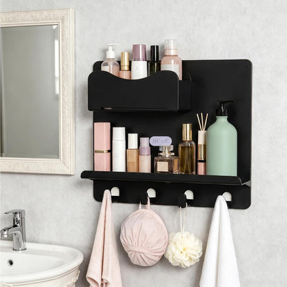 Bedside Shelf Wall Mount, Adhesive Bedside Shelf Accessories Organizer with Hooks and Cable Clips,Dorm Bedside Wall Storage for Phone, Remote, Earphone,Plastic (White)