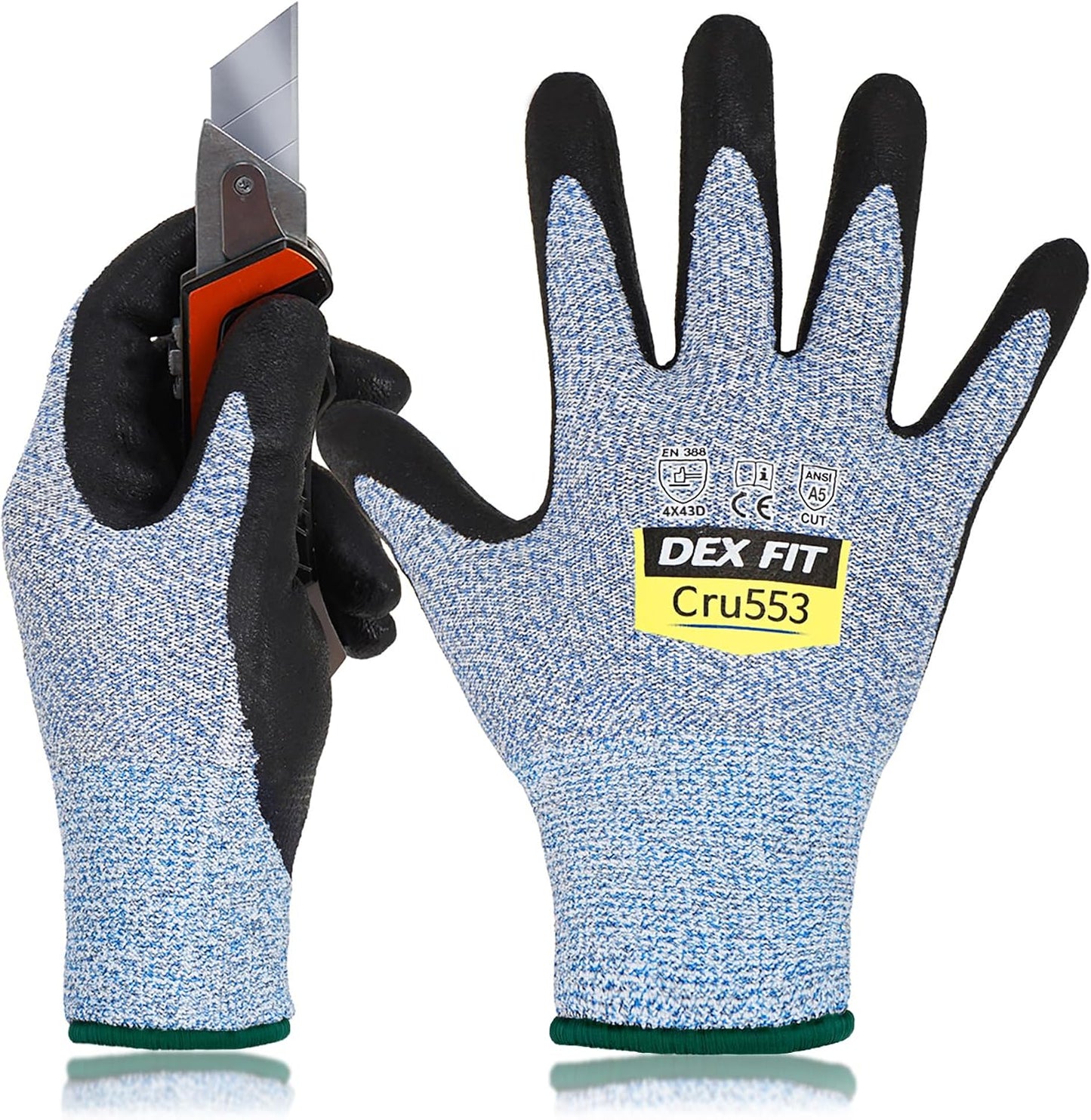 DEX FIT Level 5 Cut Resistant Gloves Cru553, 3D-Comfort Fit, Firm Grip, Thin & Lightweight, Touch-Screen Compatible, Durable, Breathable & Cool, Machine Washable; Grey L (9) 1 Pair