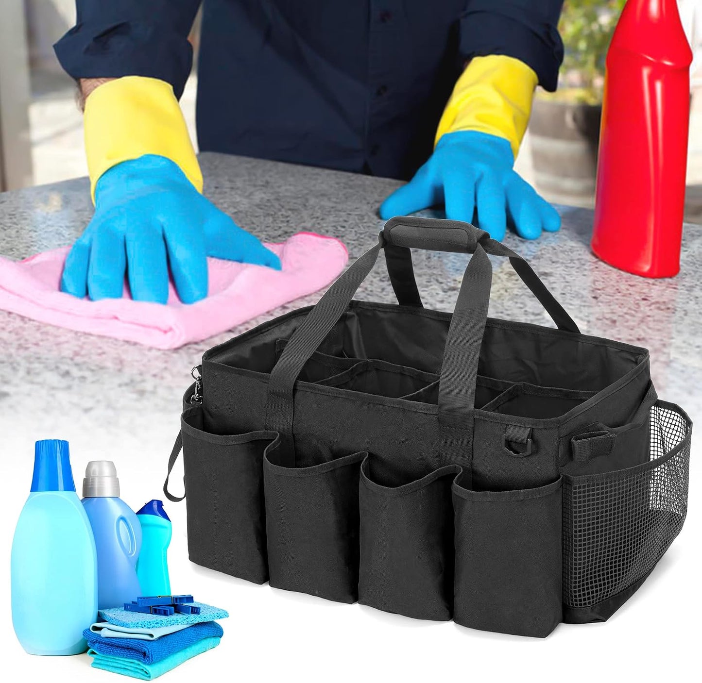 HODRANT Extra-Large Cleaning Caddy with Handles & Multi Pockets | Large Capacity Tote Bag for Cleaning Tools & Products Storage, Cleaner Organizer for Car, Home & Housekeeping Work, Gray