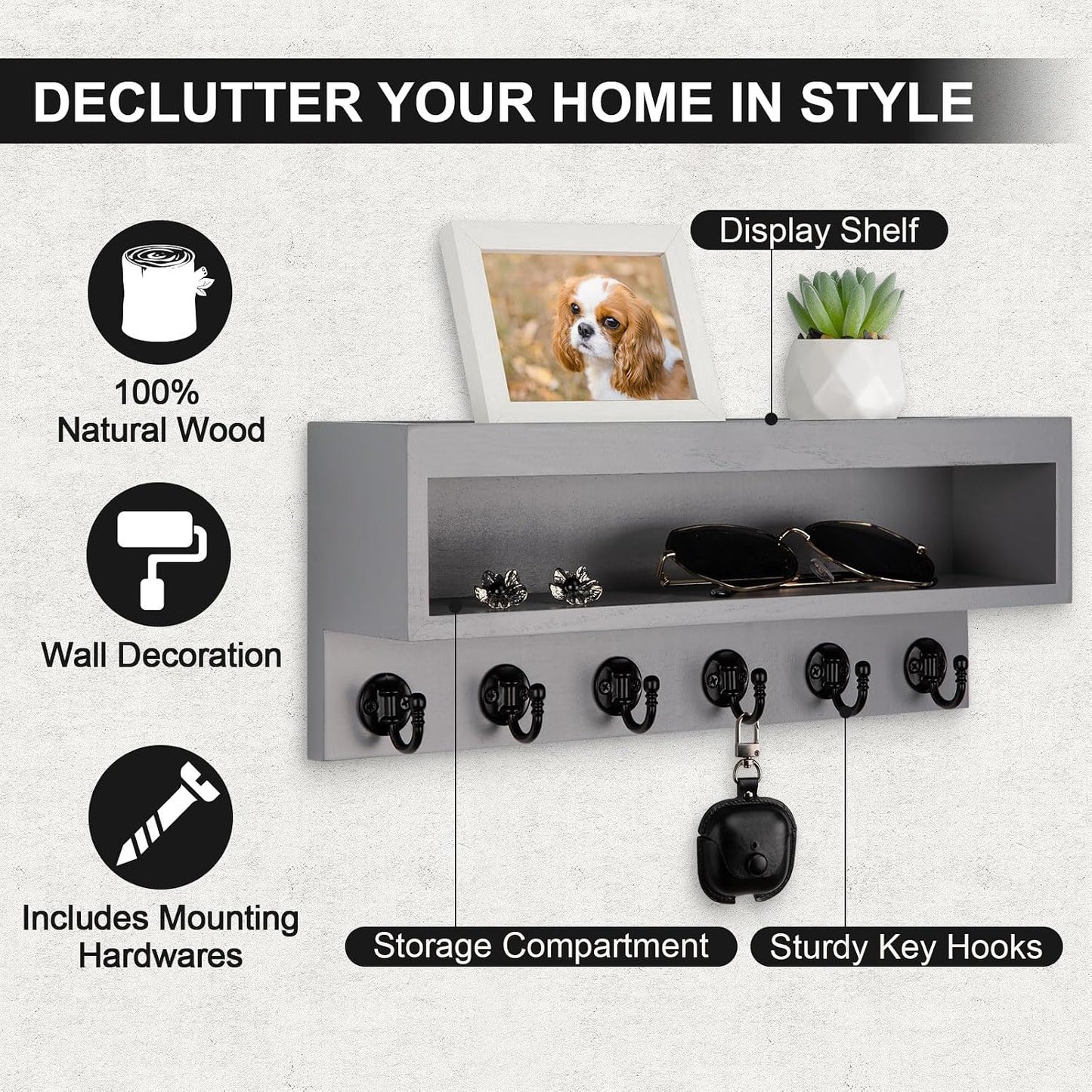 Key and Mail Holder Wall Mount with Long Storage Box and 6 Hooks | Key Holder For Coat, Dog Leash, Home Decor Rack, Entry Way Organizer