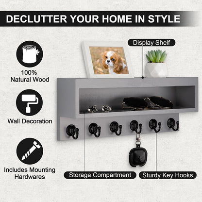 Key and Mail Holder Wall Mount with Long Storage Box and 6 Hooks | Key Holder For Coat, Dog Leash, Home Decor Rack, Entry Way Organizer