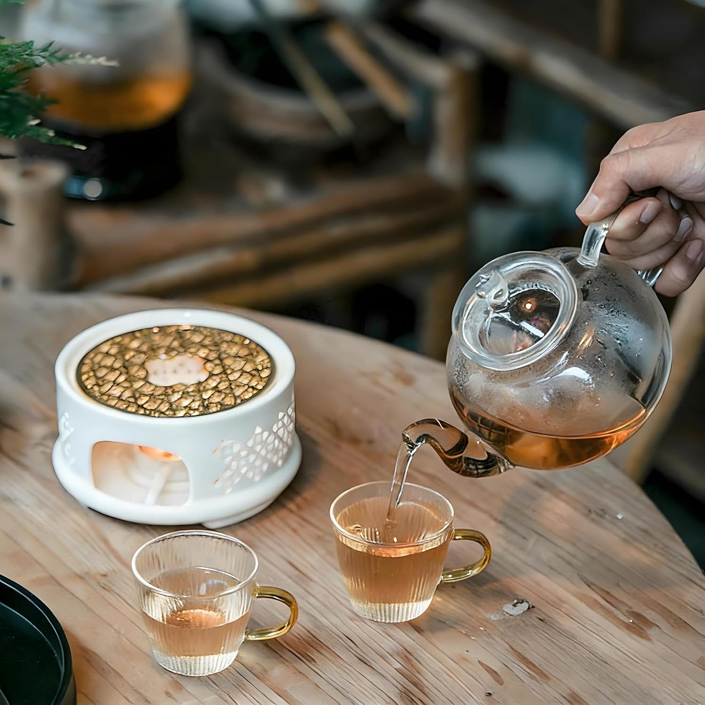 Teapot Warmer Ceramic Heater with Spoon Lid and Candle Holder Coffee Heating Device Glass Teapot Warming Stand for Milk (White)