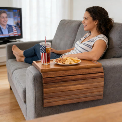 Acacia Wood Couch Armrest Table, Couch Arm Tray, Foldable Anti-Slip Wood Couch Tray, Sofa Cup Holder for Drink Snacks Remote Control