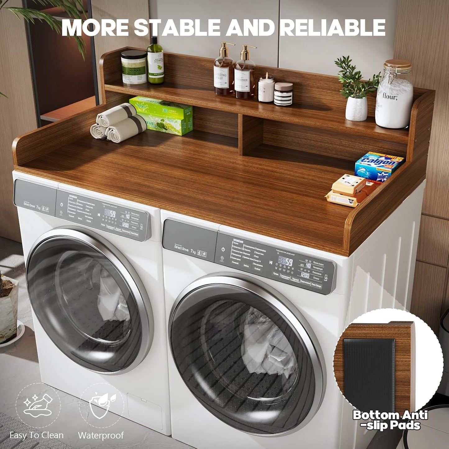 2-Tier Washer and Dryer Countertop with 2.75" H Guard,54" W x 27.5" D Laundry Countertop Cover with Non-Slip Pad,Large Space Laundry Topper for Folding Clothes Over Washer and Dryer-White