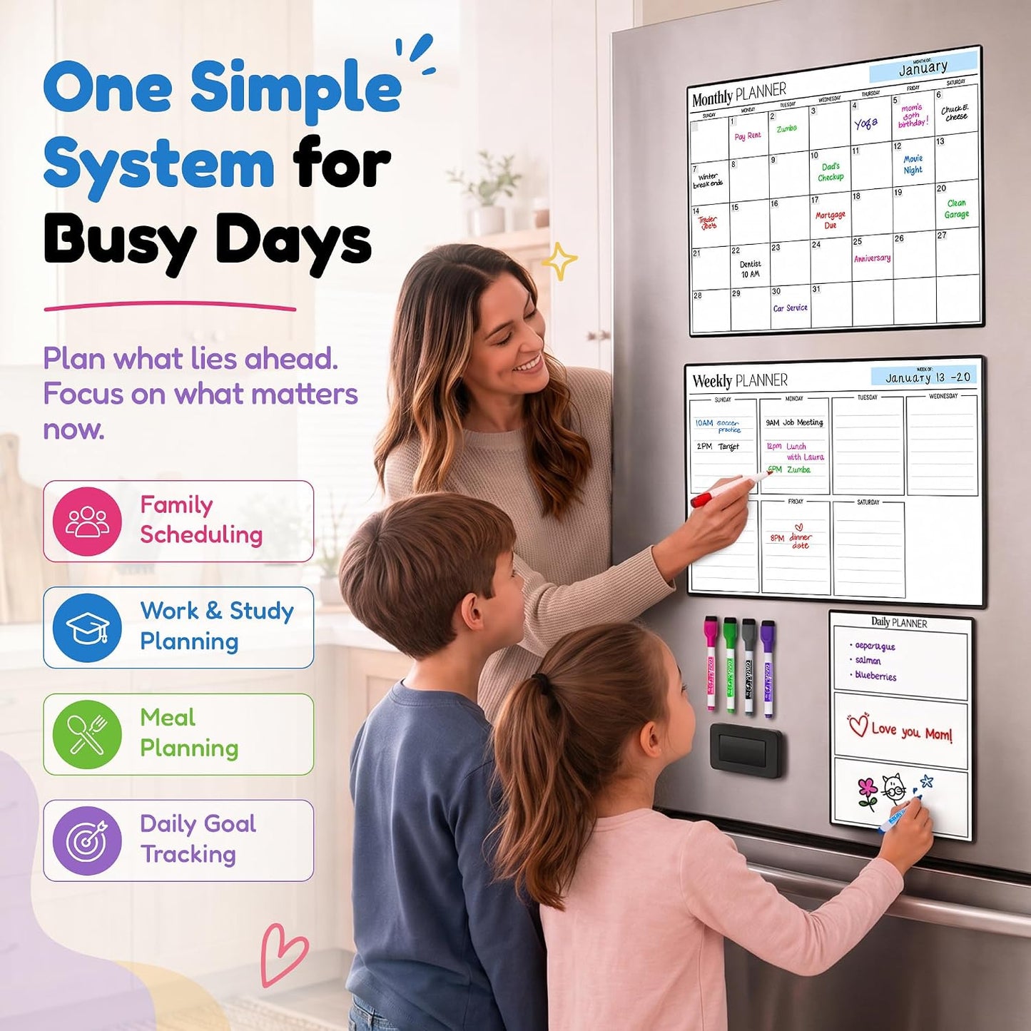 3 Pack Magnetic Dry Erase Calendar for Fridge, 17" x 12" Fridge Planner | Stain-Resistant Magnetic Calendar for Refrigerator with 6 Magnetic Markers & 1 Eraser - Monthly, Weekly & Daily Planner Set