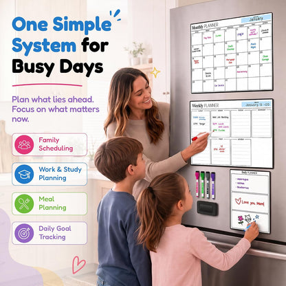 3 Pack Magnetic Dry Erase Calendar for Fridge, 17" x 12" Fridge Planner | Stain-Resistant Magnetic Calendar for Refrigerator with 6 Magnetic Markers & 1 Eraser - Monthly, Weekly & Daily Planner Set