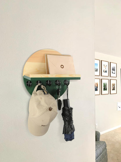 Gurfuy Key Holder for Wall with Shelf - Wood Mail Organizer and Rack with Shelf Hooks Wall Mounted for Entryway Decor Magazines Letter Storage Farmhouse Living Room Bedroom Doorway Green