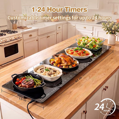 Electric Warming Tray 5-in-1 Food Warmers for Parties Buffet with 10 Temp & 24H Timer,41" x 15" Glass Warming Mat for Food Modular Warmers for Food Trays Buffet, for Family Women
