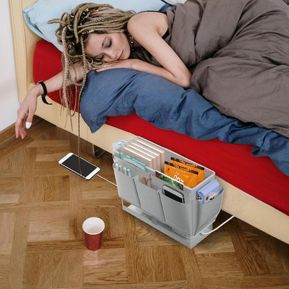 Bedside Caddy Bedside Organizer,Bed Caddy with 11 Pockets and Power Strip Holder,Versatile Bedside Storage Caddy for Home,Dorm,Bunk,Hospital,Crib Bed (Pink)