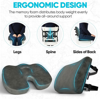 FORTEM Seat Cushion, Office Chair Cushion, Lumbar Support Pillow for Office Chair, Memory Foam Car Seat Cushions, Sciatica Coccyx Tailbone Pain Relief, Cushions for Back Support, Washable, Non Slip