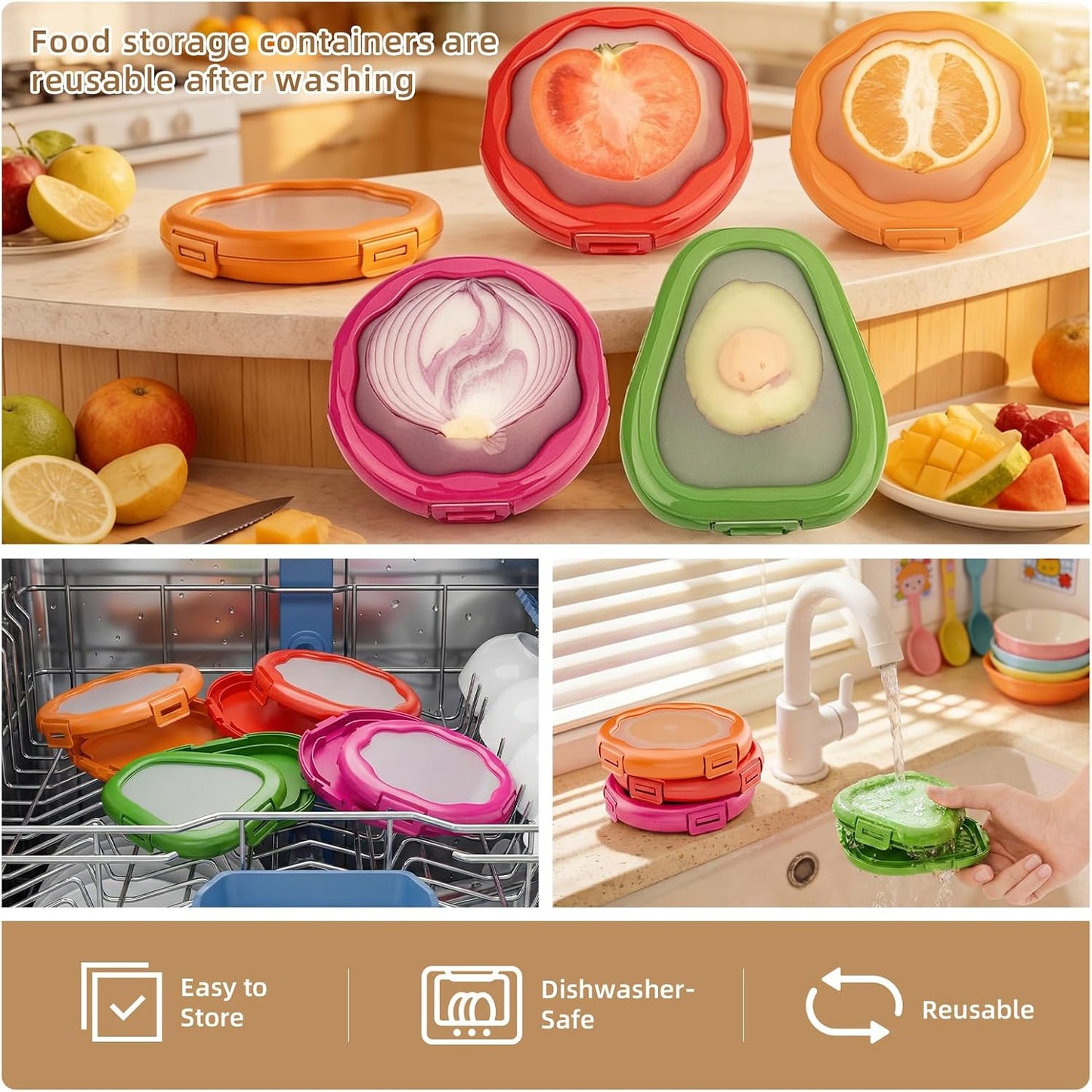 TQRR Avocado Saver and Onion Holder-4Pcs Fruit Fresh Storage Containers | Reusable Silicone, Refrigerator Use, For Fruits & Vegetable Containers, Fits Apples, Lemons, Potatoes, Oranges,Tomatoes
