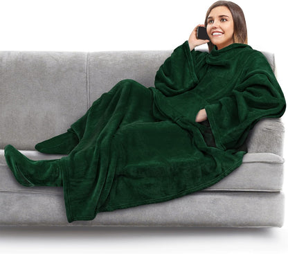 PAVILIA Fleece Blanket with Sleeves and Foot Pockets Women Men, Dark Purple