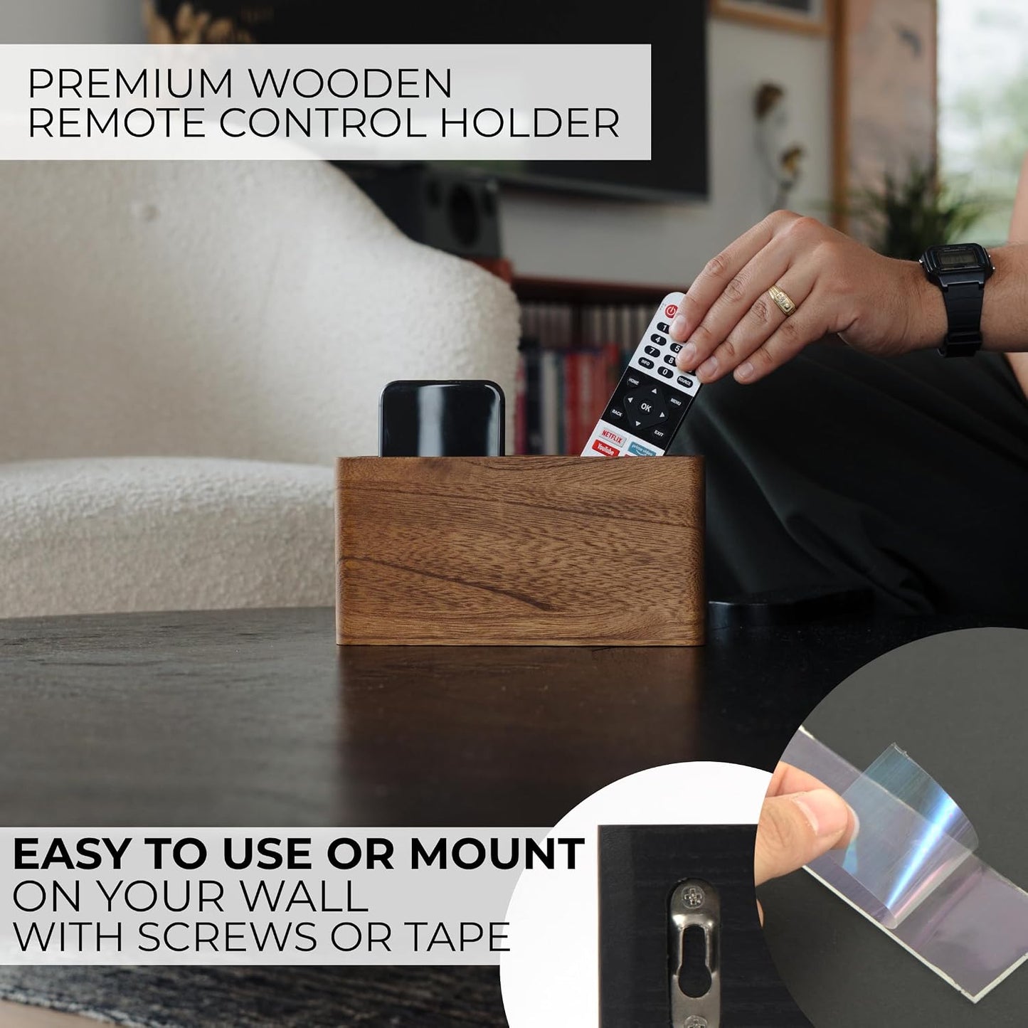 Wooden Remote Control Holder - Adhesive Wall Mount Caddy for 3-4 Remotes | Easy Install Natural Wood Organizer Keeps Them Neatly Organized - Perfect for Any Bed or Living Room Wall