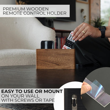 Wooden Remote Control Holder - Adhesive Wall Mount Caddy for 3-4 Remotes | Easy Install Natural Wood Organizer Keeps Them Neatly Organized - Perfect for Any Bed or Living Room Wall