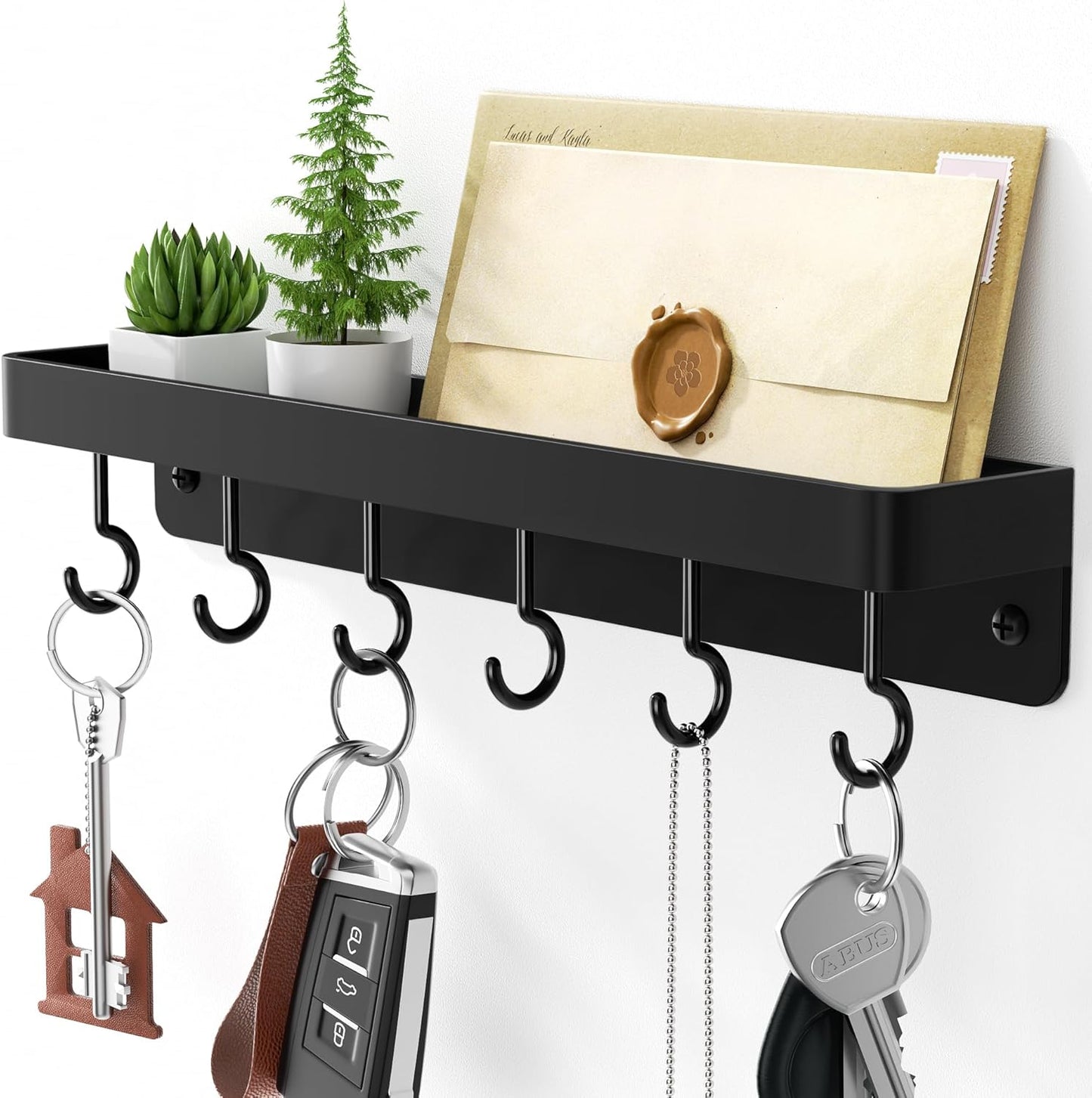 niffgaff Black Key Holder Wall Mount, Stainless Steel Self Adhesive Hooks Rack with Shelf, No Drill Key Hanger for Door and Wall