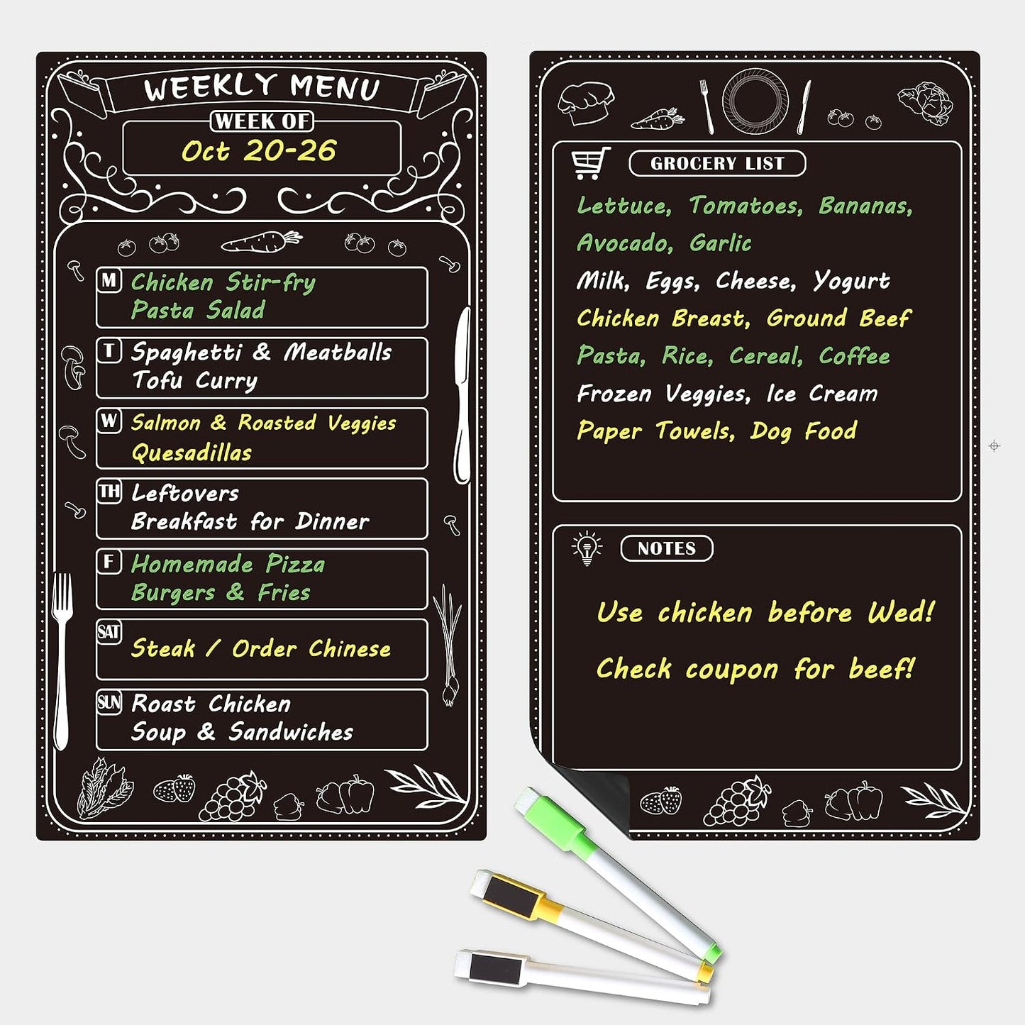 Magnetic Weekly Menu Planner for Fridge: 2 PCS 8x14 Inch Dry Erase Boards with Meal Plan and Grocery List, Dinner Calendar Magnets for Family Kitchen