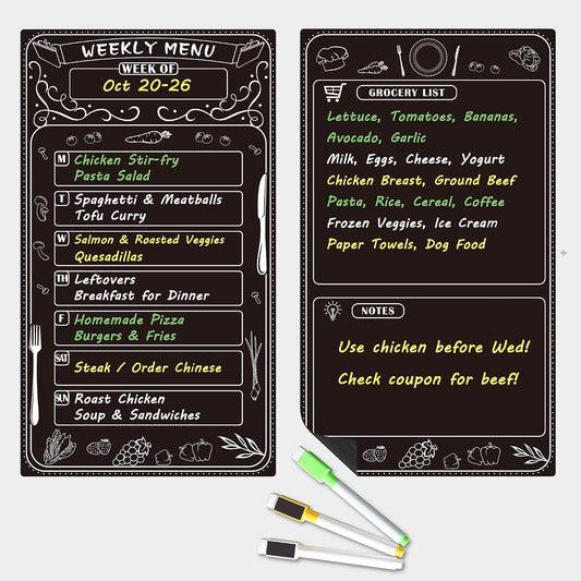 Magnetic Weekly Menu Planner for Fridge: 2 PCS 8x14 Inch Dry Erase Boards with Meal Plan and Grocery List, Dinner Calendar Magnets for Family Kitchen