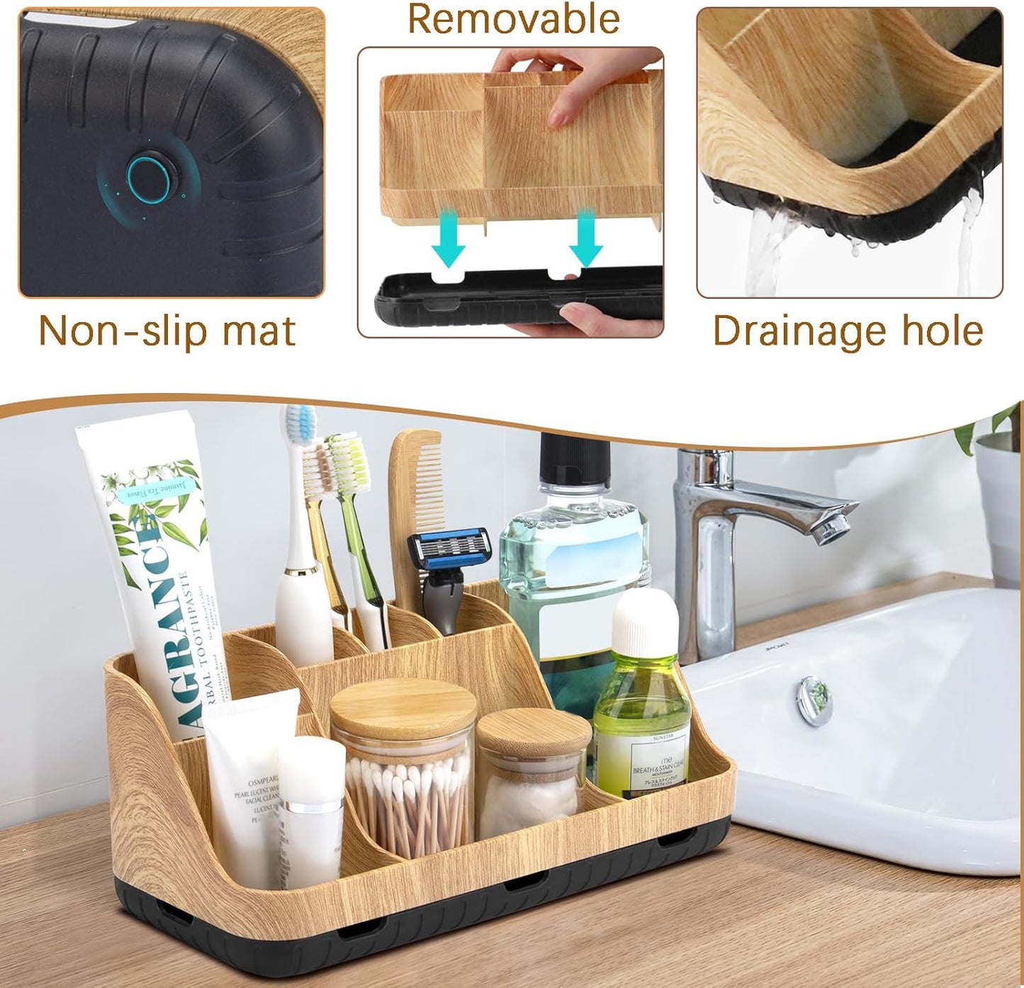 GFWARE Black Toothbrush Holder - 7 Slots Bathroom Organizer Countertop with Drainage Matte Black Electric Toothbrush and Toothpaste Holder for Bathroom Accessories Sink Storage