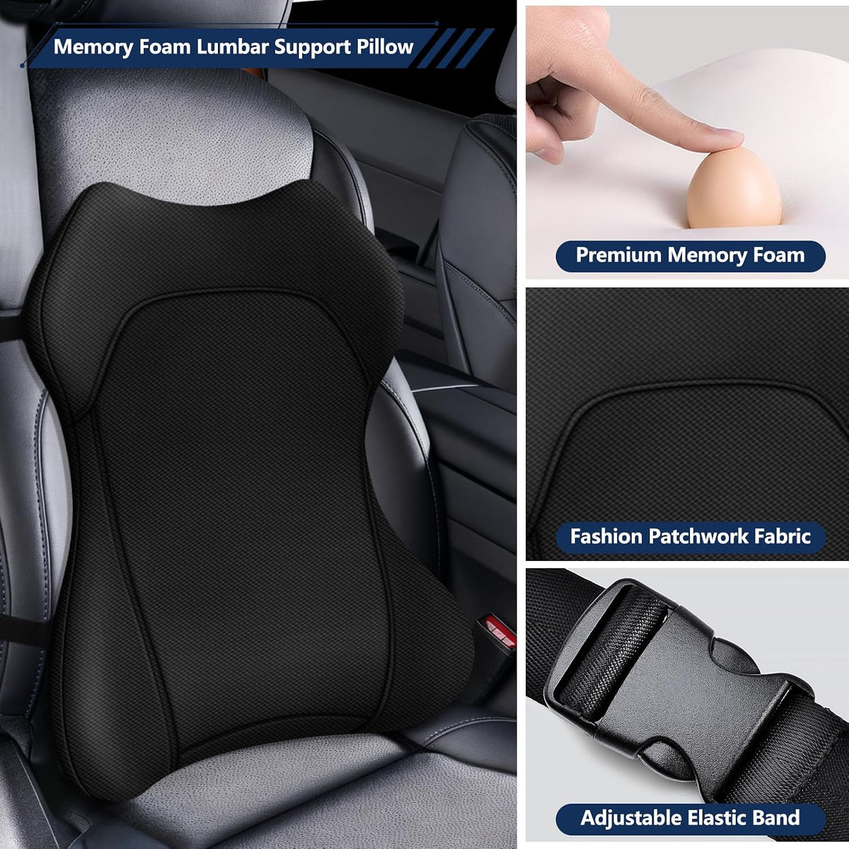 Seat Cushion,Lumbar Support Pillow for Office Chair,Ergonomic Memory Foam Back Support Pillow, High Density Foam Chair Cushion for Sciatica Pain Relief Coccyx Pad for Chair,Car,Desk,Black