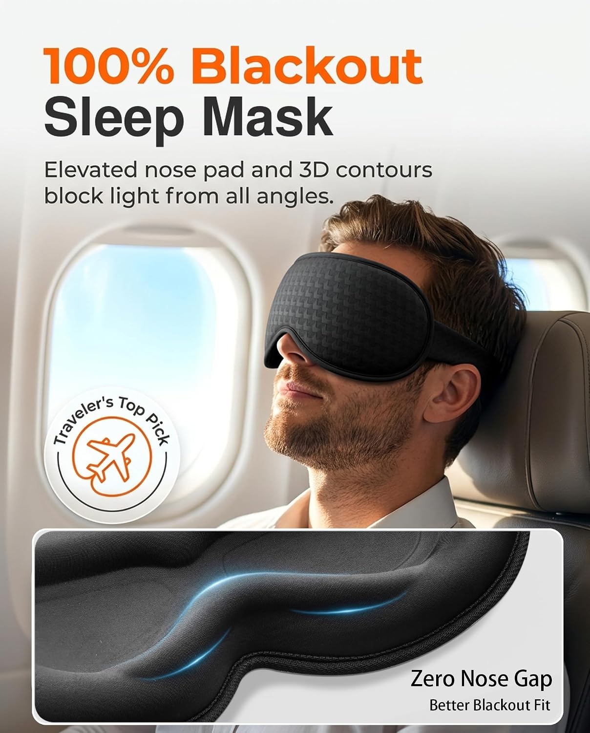 Blackout Weighted Eye Mask for Sleeping, 3D Contoured Sleep Mask for Men | Gentle-Pressure, Deep Cups, Zero Eye Pressure, Airplane Travel & Night Shift Essentials, Breathable Blindfold, Black