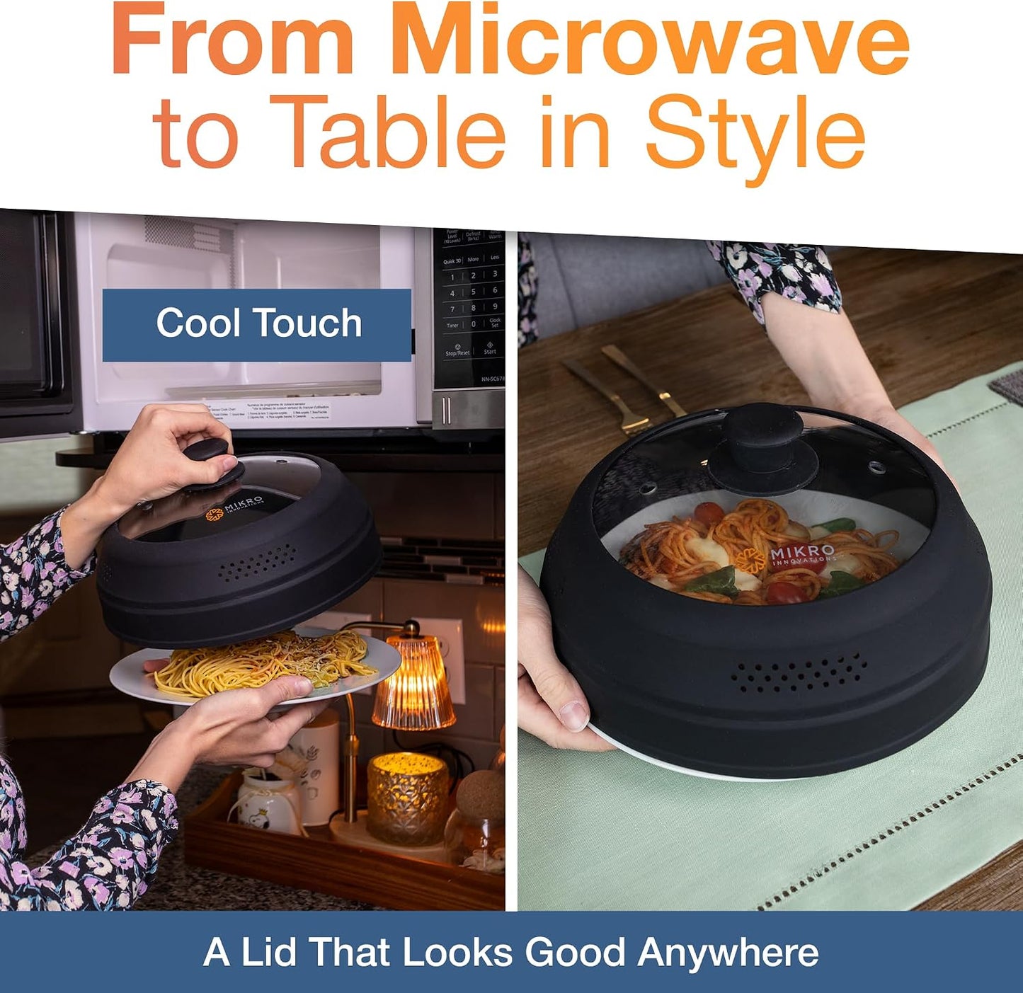 Glass & Silicone Microwave Splatter Cover – Tall and Collapsible Design that fits 6-10.5in Plates and Bowls - Space Saving, BPA Free & Dishwasher Safe (1, Black, large)